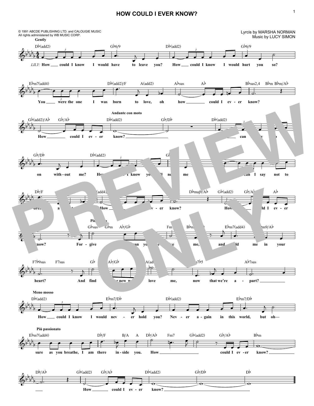 Download Lucy Simon How Could I Ever Know? Sheet Music and learn how to play Melody Line, Lyrics & Chords PDF digital score in minutes