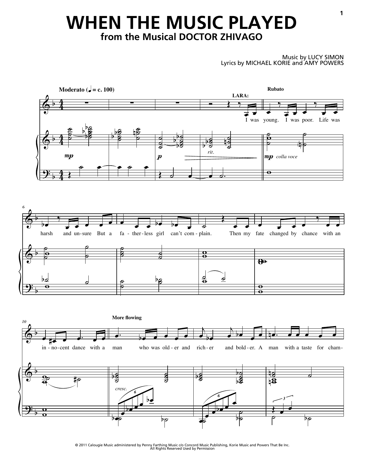 Download Lucy Simon, Michael Korie & Amy Powers When The Music Played (from Doctor Zhivago: The Broadway Musical) Sheet Music and learn how to play Piano & Vocal PDF digital score in minutes