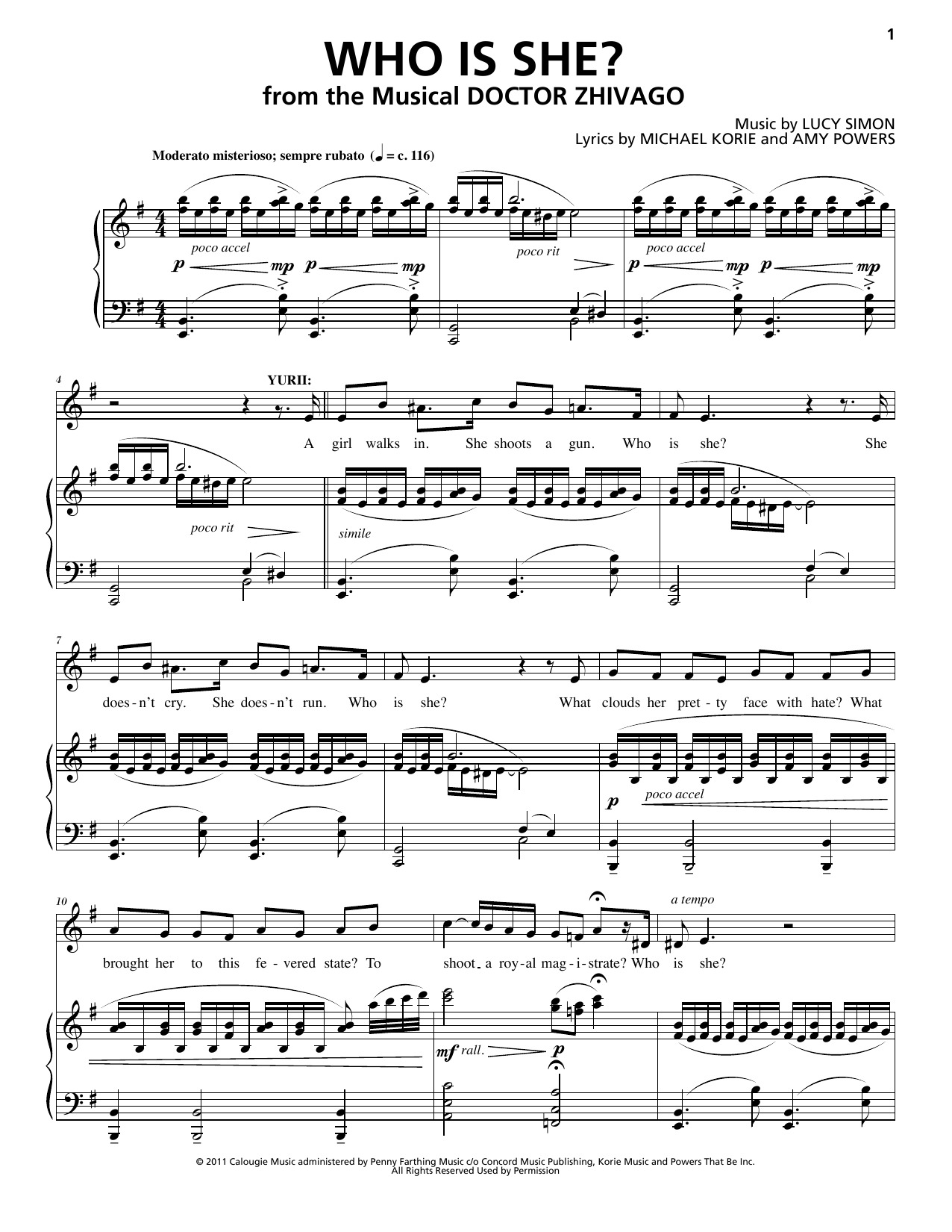 Download Lucy Simon, Michael Korie & Amy Powers Who Is She? Sheet Music and learn how to play Piano & Vocal PDF digital score in minutes