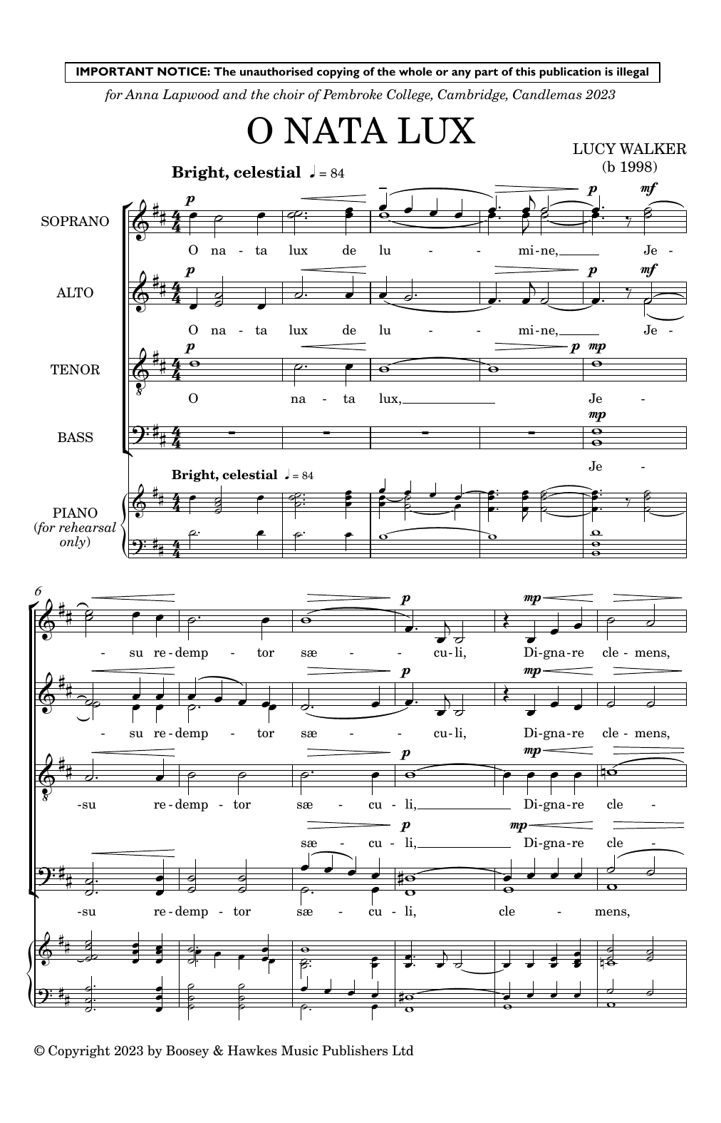 Download Lucy Walker O Nata Lux Sheet Music and learn how to play Choir PDF digital score in minutes