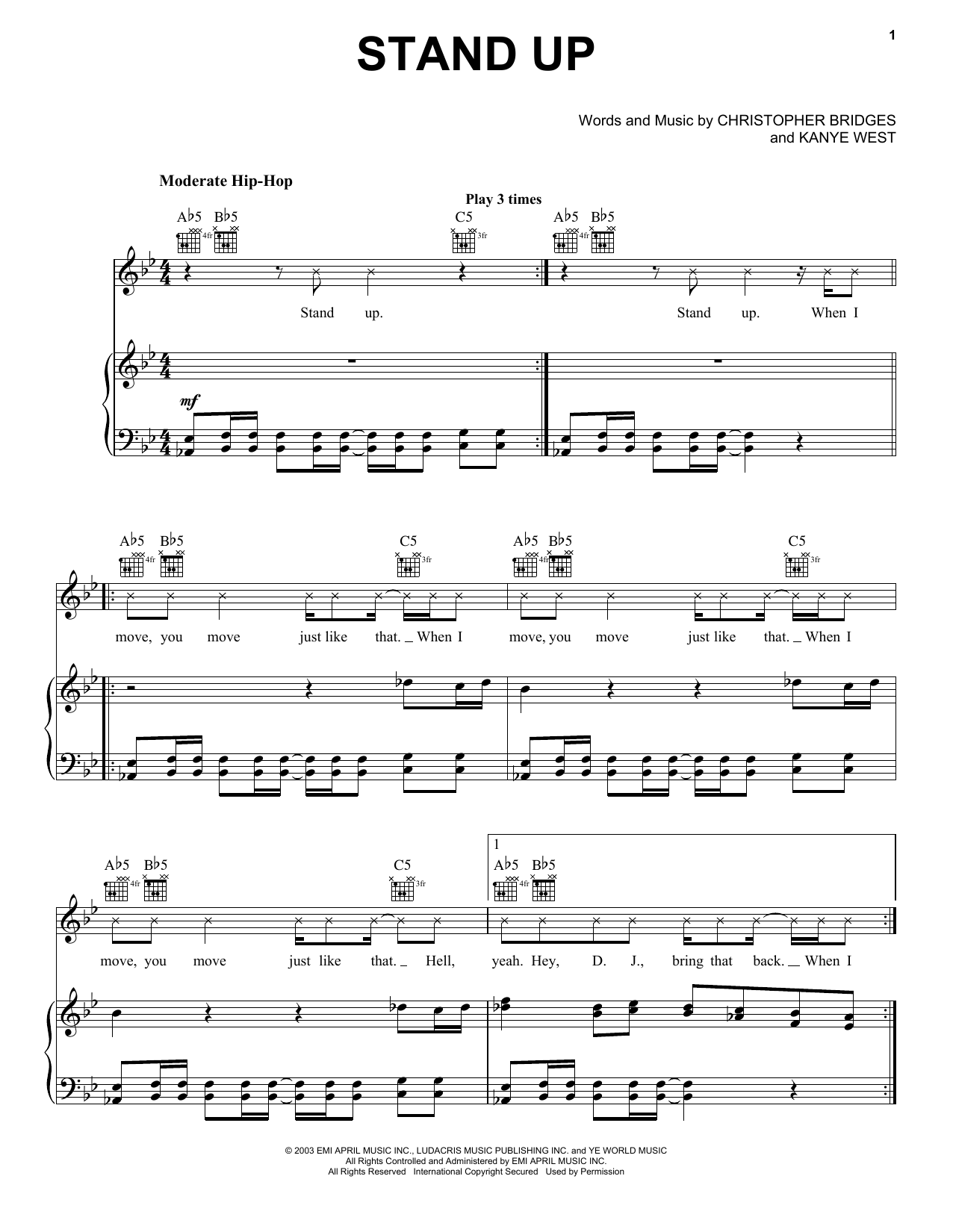 Download Ludacris Stand Up Sheet Music and learn how to play Piano, Vocal & Guitar (Right-Hand Melody) PDF digital score in minutes
