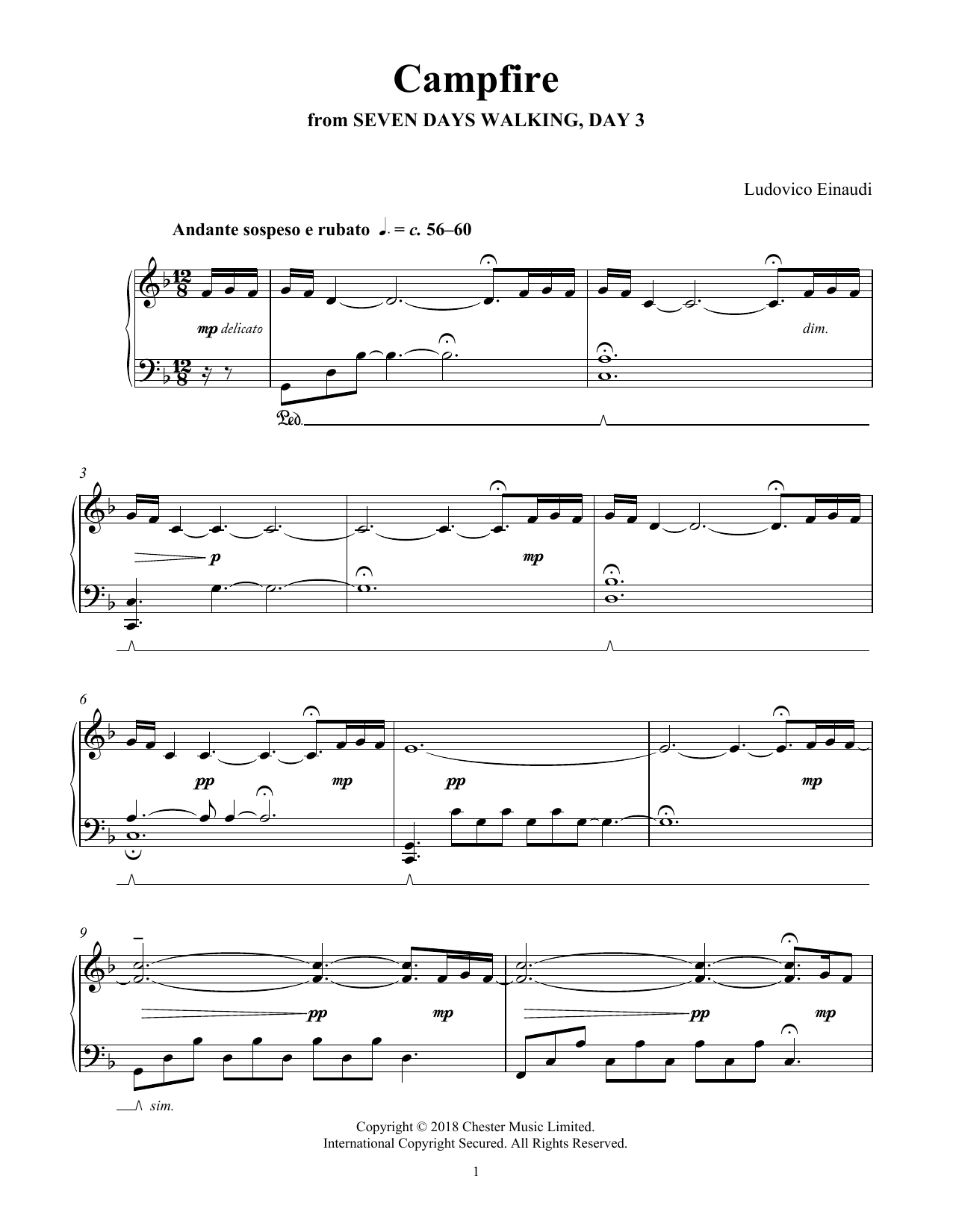 Download Ludovico Einaudi Campfire (from Seven Days Walking: Day 3) Sheet Music and learn how to play Piano Solo PDF digital score in minutes