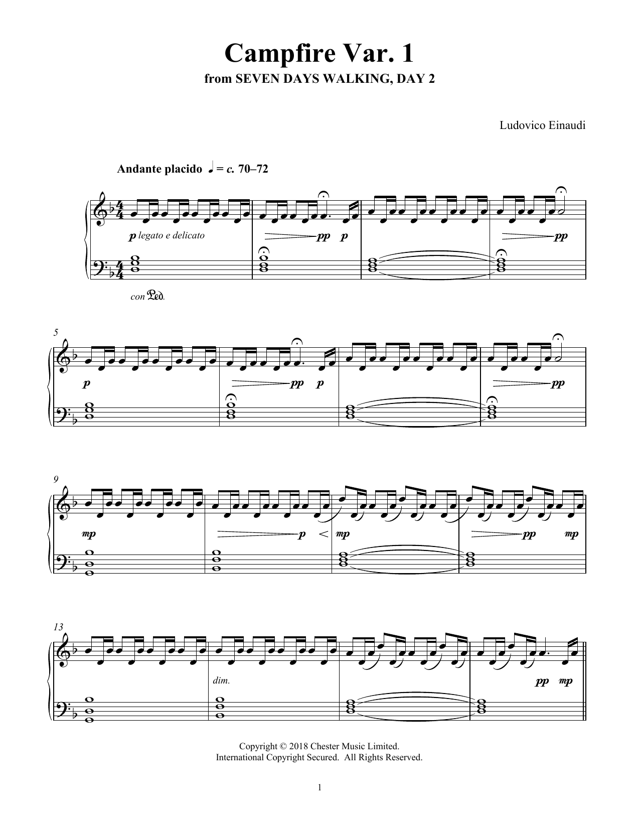 Download Ludovico Einaudi Campfire Var. 1 (from Seven Days Walking: Day 2) Sheet Music and learn how to play Piano Solo PDF digital score in minutes