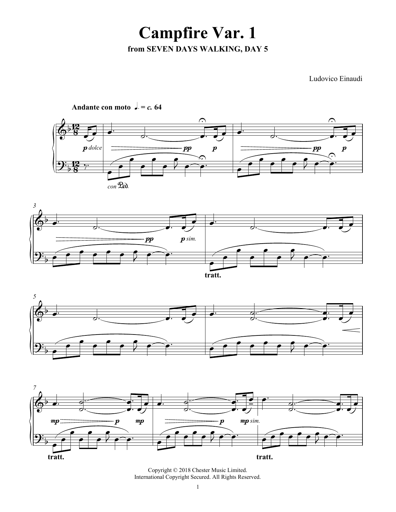 Download Ludovico Einaudi Campfire Var. 1 (from Seven Days Walking: Day 5) Sheet Music and learn how to play Piano Solo PDF digital score in minutes