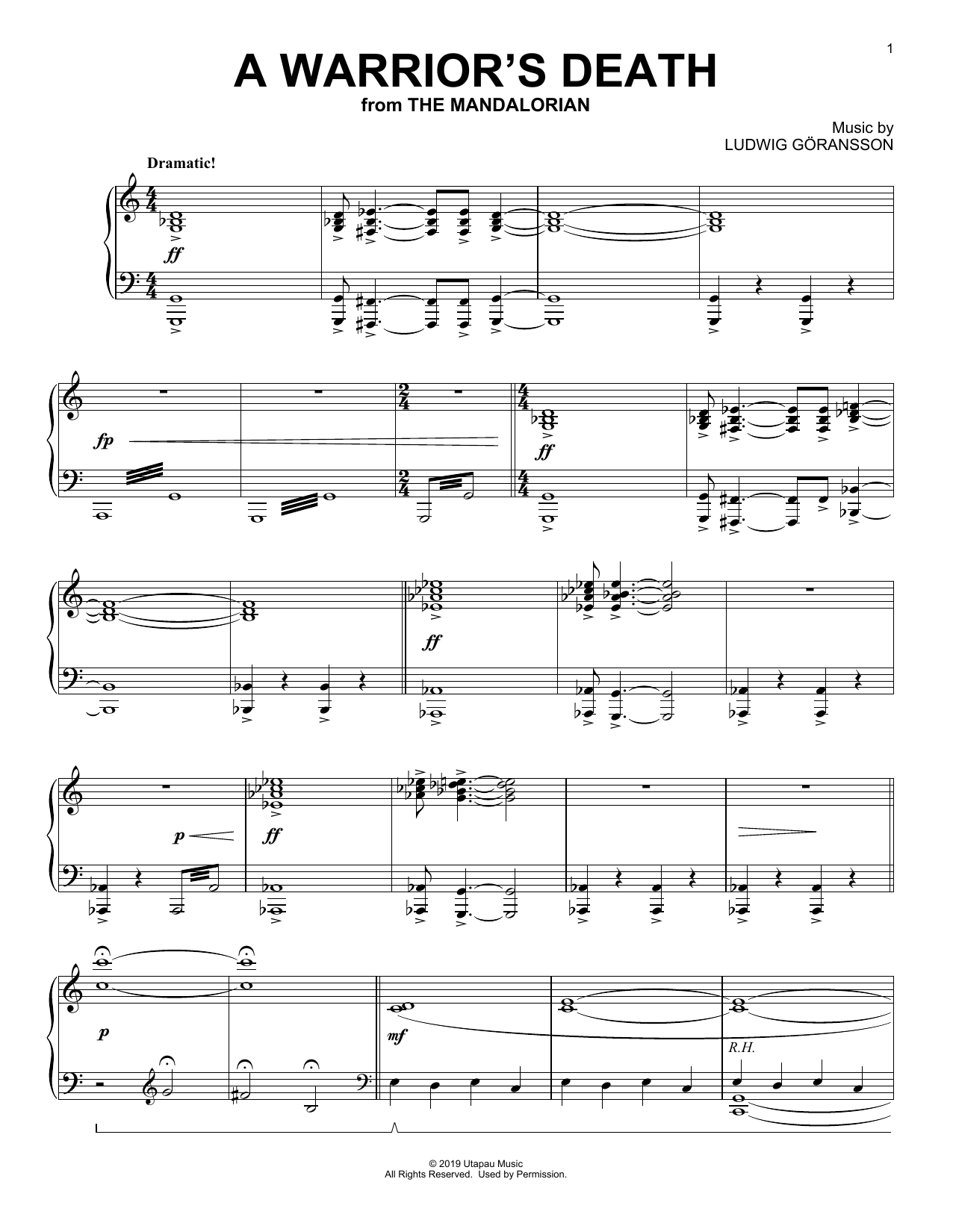 Download Ludwig Göransson A Warrior's Death (from Star Wars: The Mandalorian) Sheet Music and learn how to play Piano Solo PDF digital score in minutes