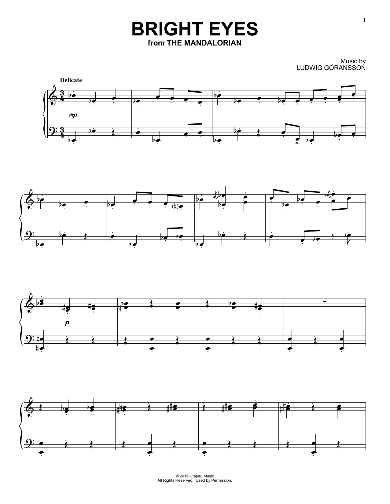 Download Ludwig Göransson Bright Eyes (from Star Wars: The Mandalorian) Sheet Music and learn how to play Piano Solo PDF digital score in minutes