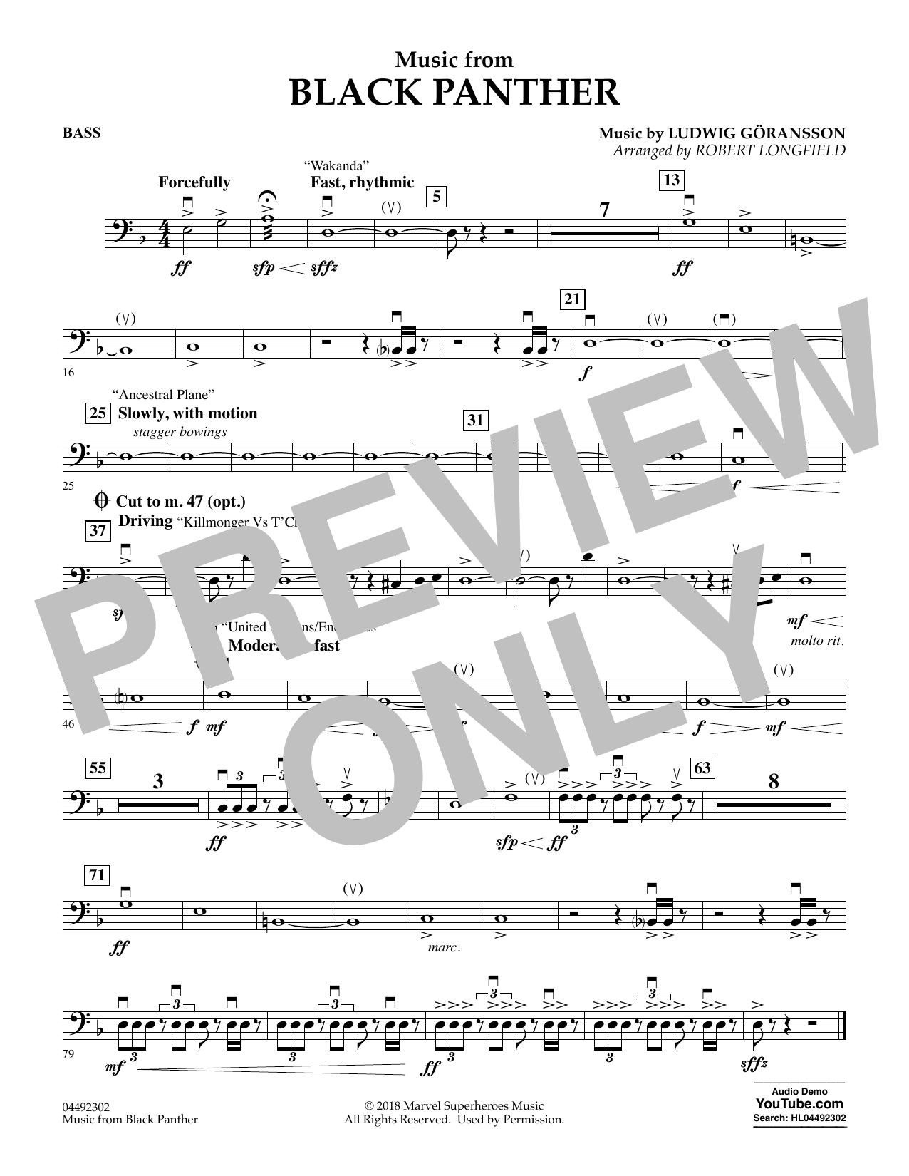 Download Ludwig Göransson Music from Black Panther (arr. Robert Longfield) - Bass Sheet Music and learn how to play Orchestra PDF digital score in minutes