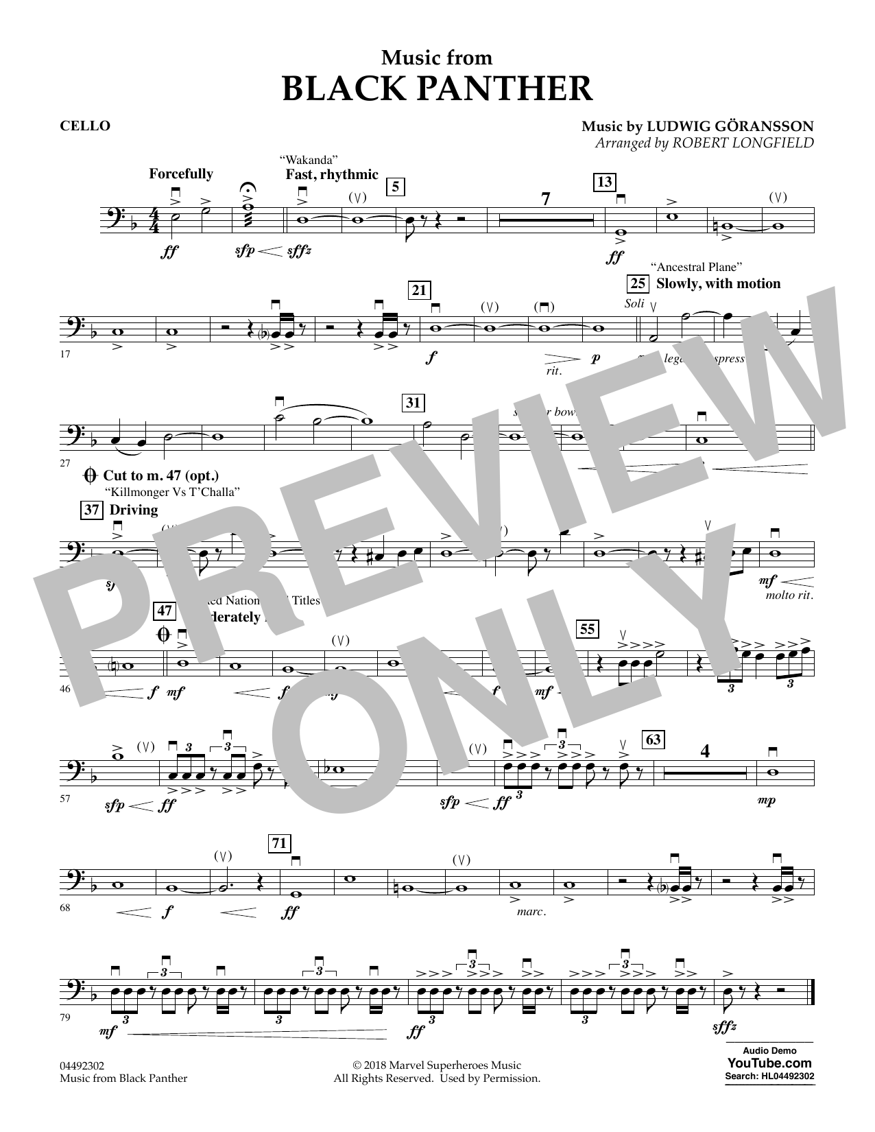 Download Ludwig Göransson Music from Black Panther (arr. Robert Longfield) - Cello Sheet Music and learn how to play Orchestra PDF digital score in minutes