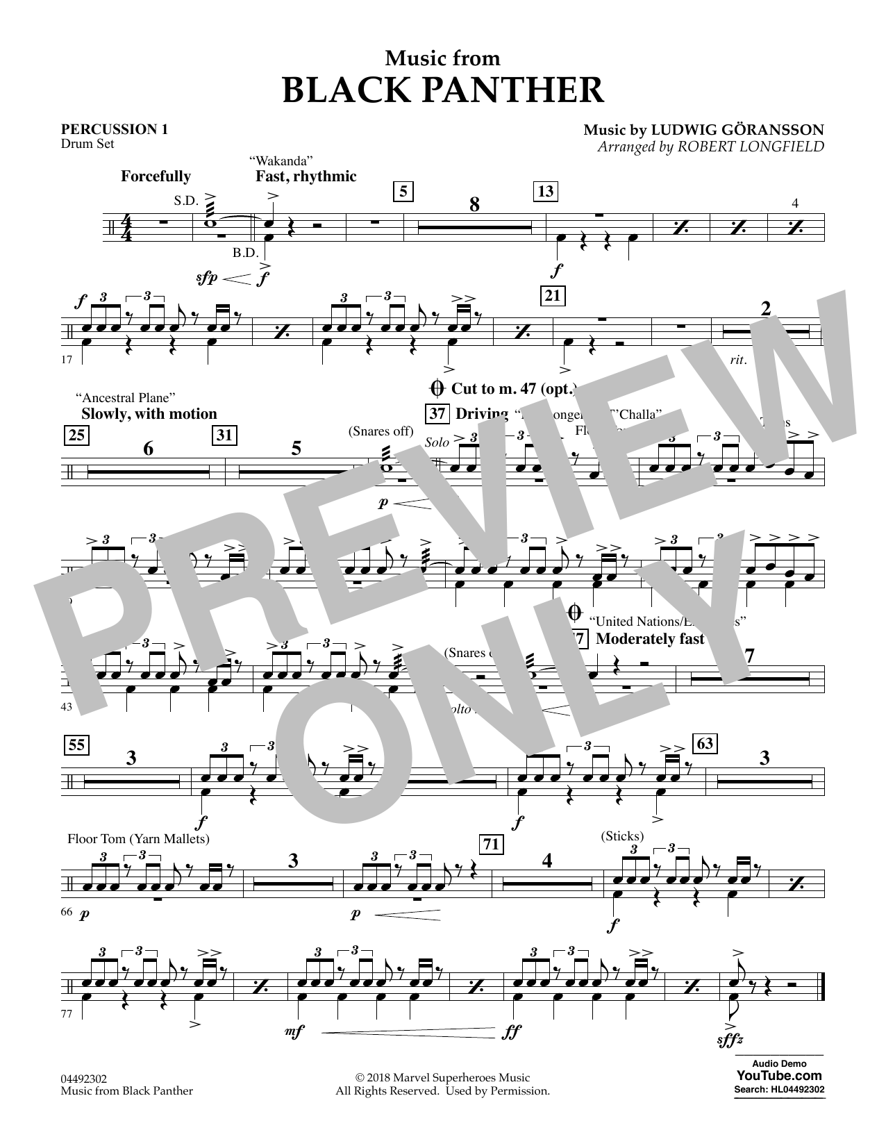 Download Ludwig Göransson Music from Black Panther (arr. Robert Longfield) - Percussion 1 Sheet Music and learn how to play Orchestra PDF digital score in minutes