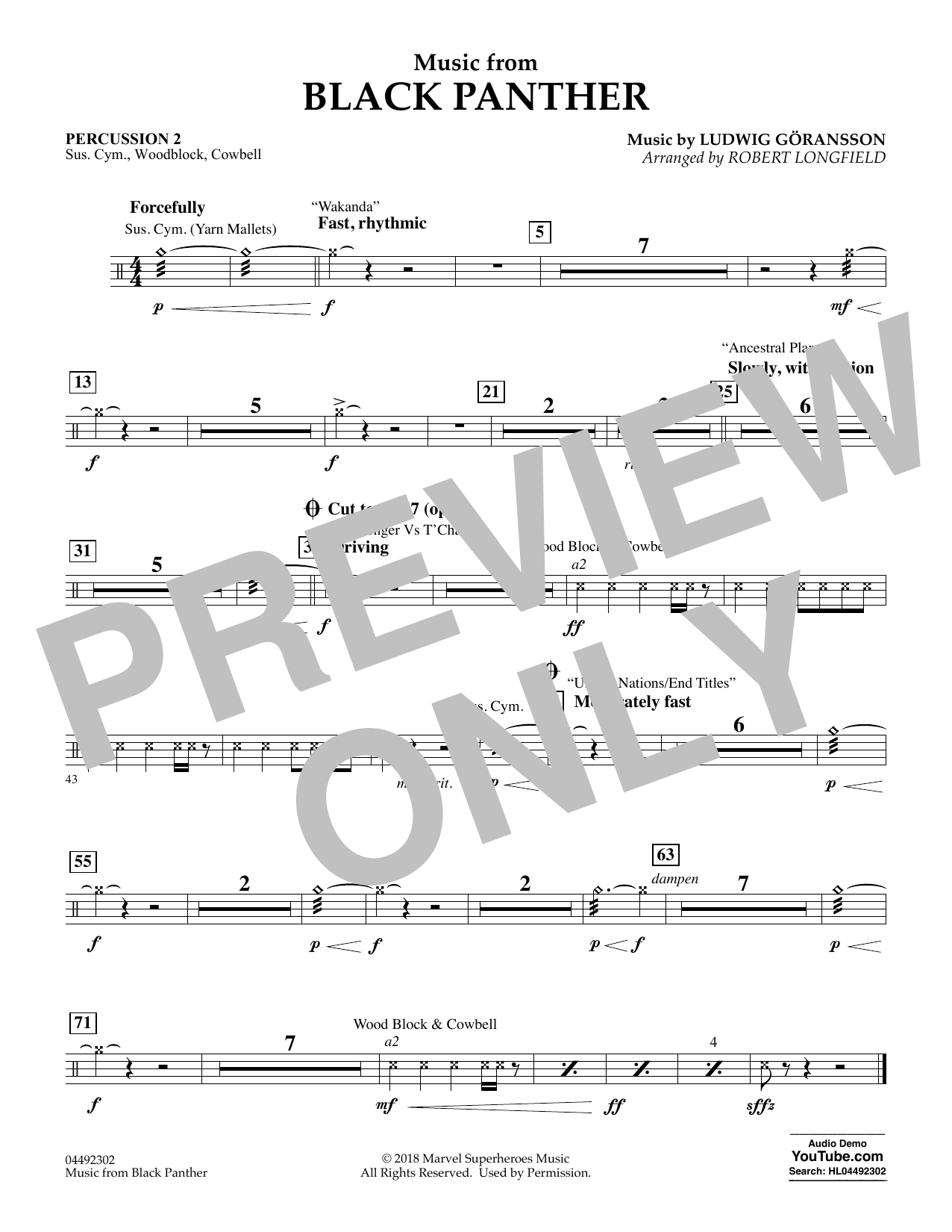 Download Ludwig Göransson Music from Black Panther (arr. Robert Longfield) - Percussion 2 Sheet Music and learn how to play Orchestra PDF digital score in minutes