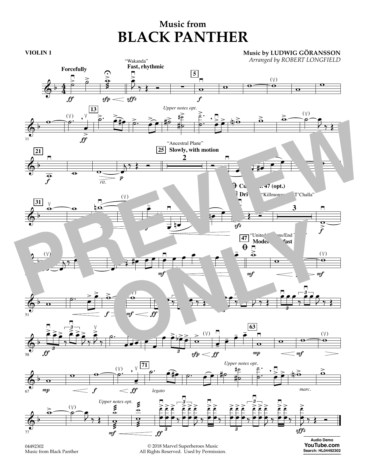 Download Ludwig Göransson Music from Black Panther (arr. Robert Longfield) - Violin 1 Sheet Music and learn how to play Orchestra PDF digital score in minutes