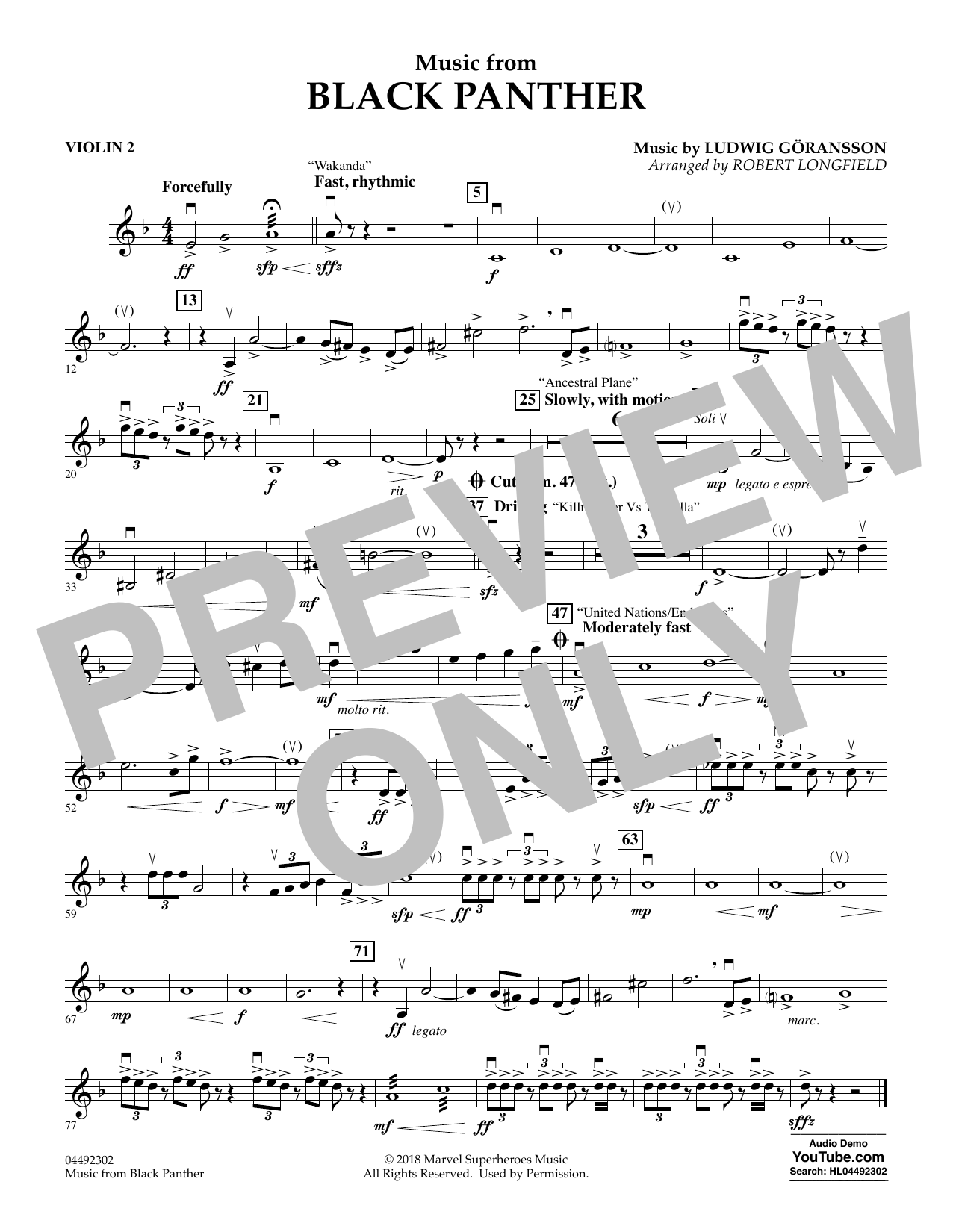 Download Ludwig Göransson Music from Black Panther (arr. Robert Longfield) - Violin 2 Sheet Music and learn how to play Orchestra PDF digital score in minutes