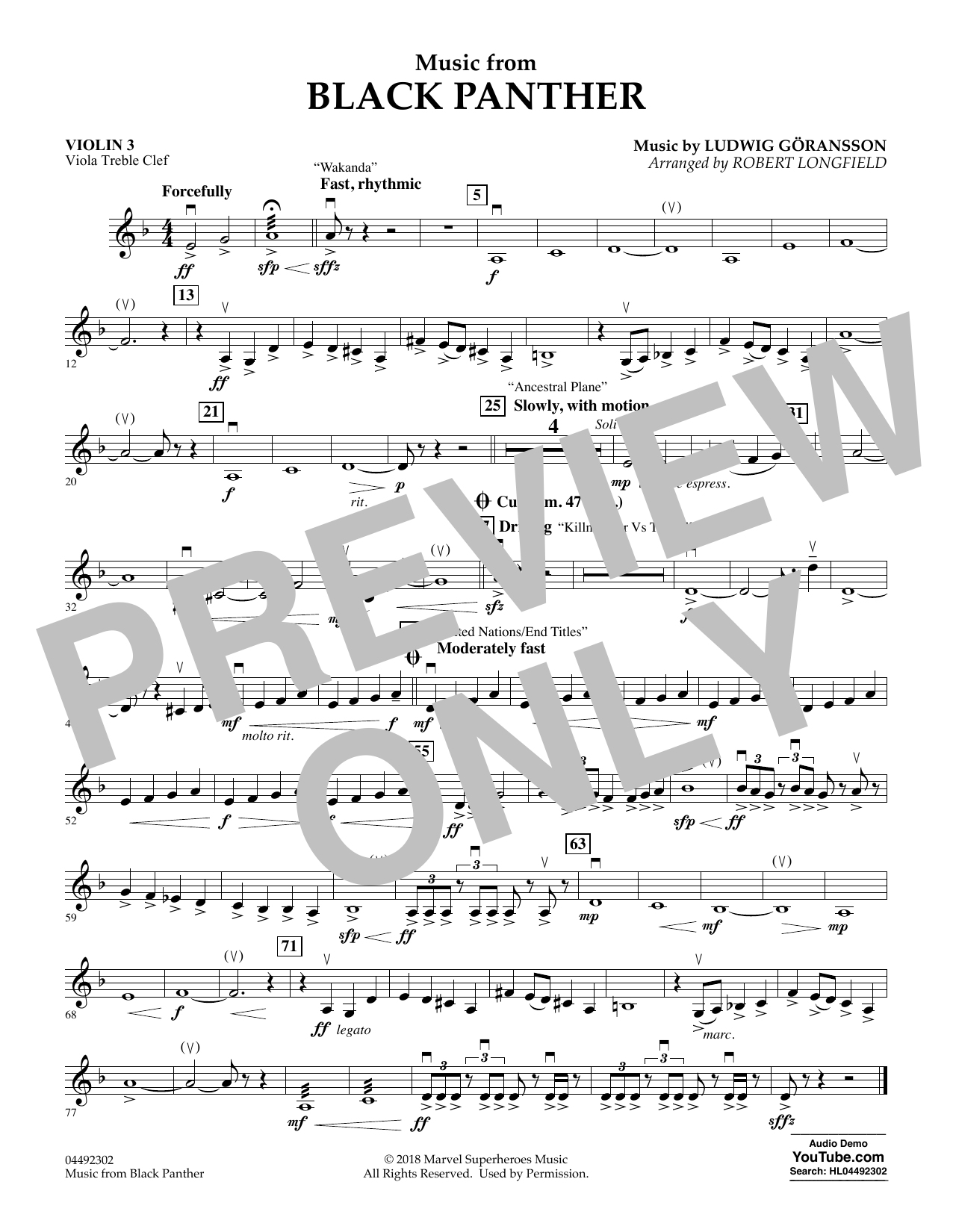 Download Ludwig Göransson Music from Black Panther (arr. Robert Longfield) - Violin 3 (Viola Treble Clef) Sheet Music and learn how to play Orchestra PDF digital score in minutes