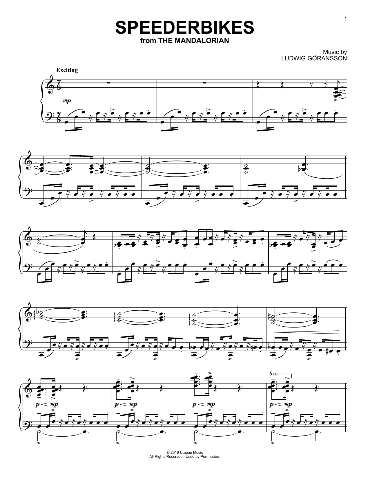 Download Ludwig Göransson Speederbikes (from Star Wars: The Mandalorian) Sheet Music and learn how to play Piano Solo PDF digital score in minutes