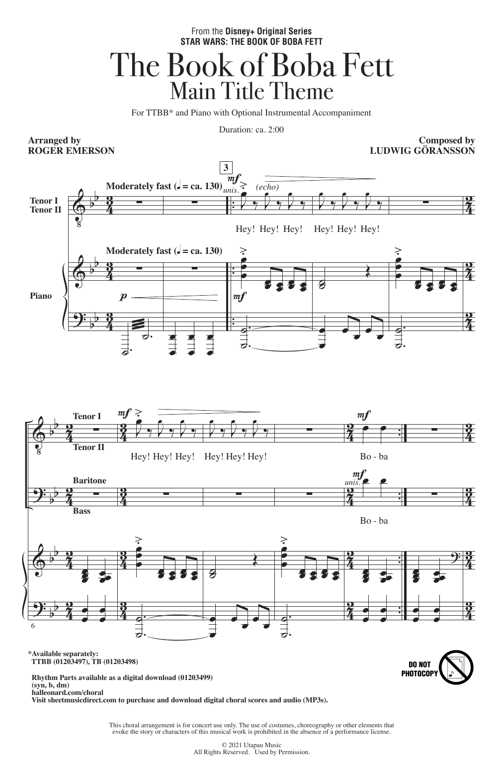 Download Ludwig Göransson The Book Of Boba Fett Main Title Theme (arr. Roger Emerson) Sheet Music and learn how to play TTBB Choir PDF digital score in minutes