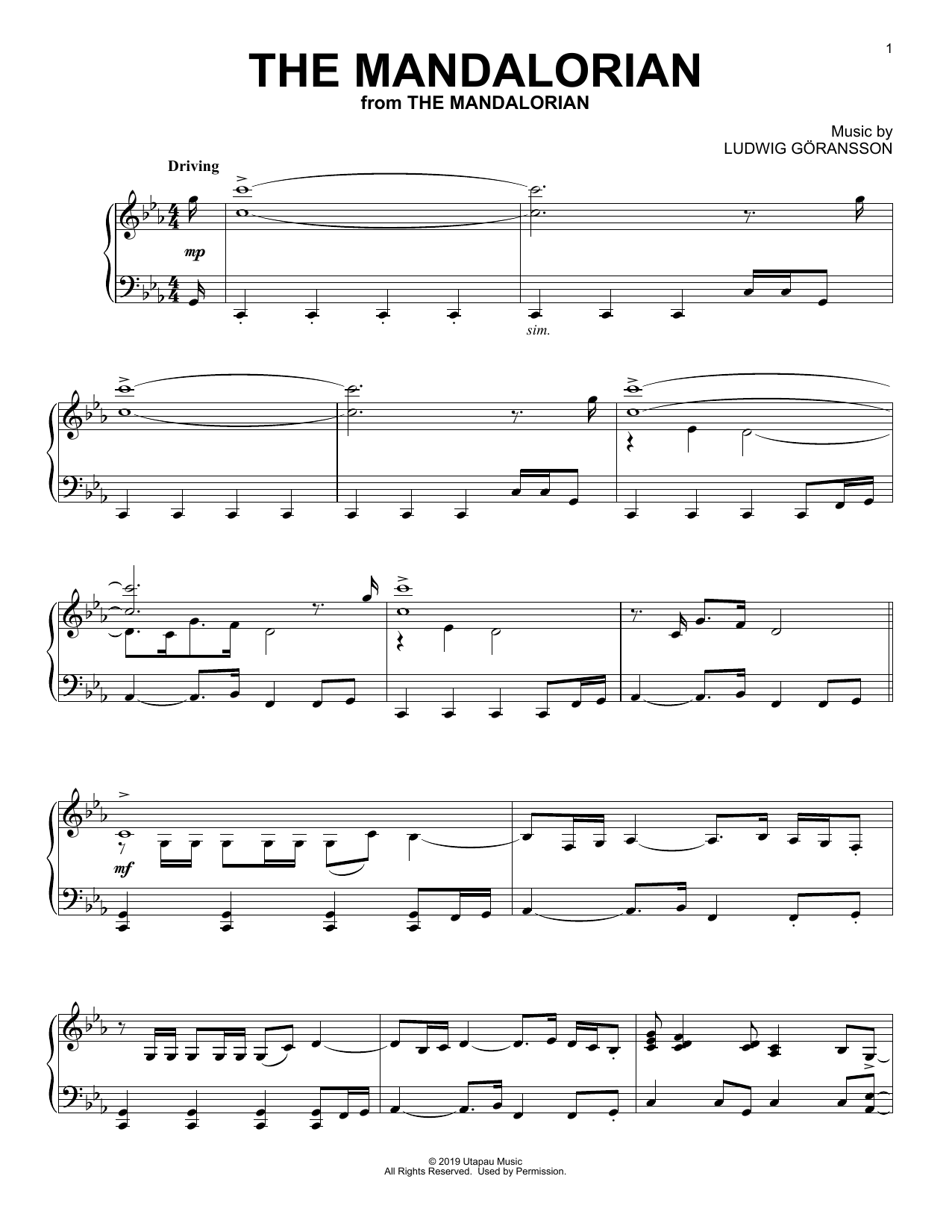 Download Ludwig Göransson The Mandalorian (from Star Wars: The Mandalorian) Sheet Music and learn how to play Piano Solo PDF digital score in minutes