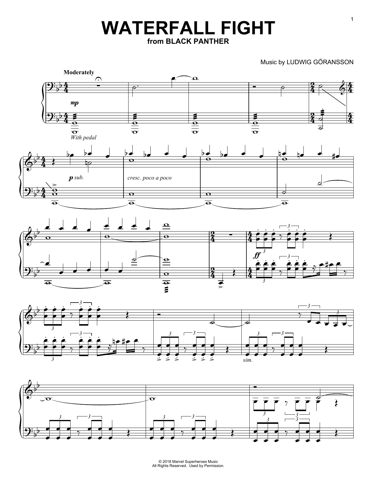 Download Ludwig Goransson Waterfall Fight Sheet Music and learn how to play Piano PDF digital score in minutes