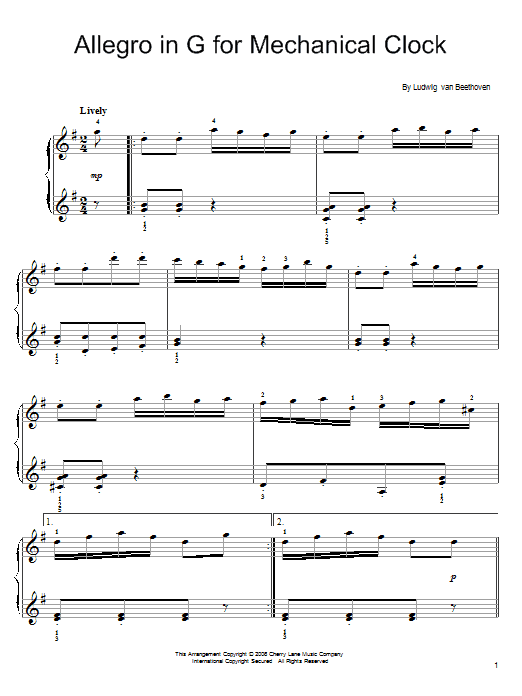 Download Ludwig van Beethoven Allegro in G for Mechanical Clock Sheet Music and learn how to play Easy Piano PDF digital score in minutes