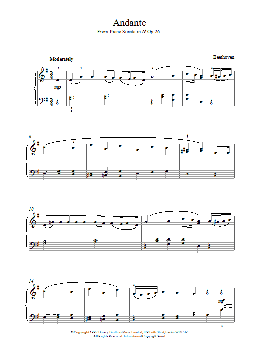 Download Ludwig van Beethoven Andante Sonata Op.26 Sheet Music and learn how to play Piano, Vocal & Guitar (Right-Hand Melody) PDF digital score in minutes
