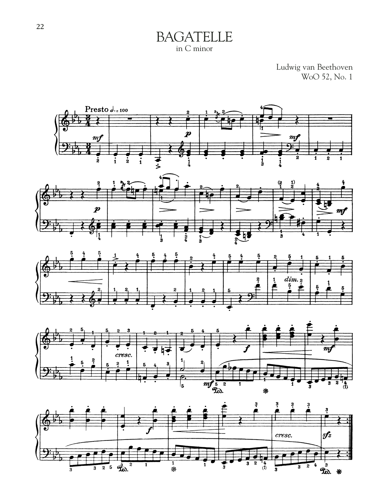 Download Ludwig van Beethoven Bagatelle In C Minor, WoO 52 Sheet Music and learn how to play Piano Solo PDF digital score in minutes