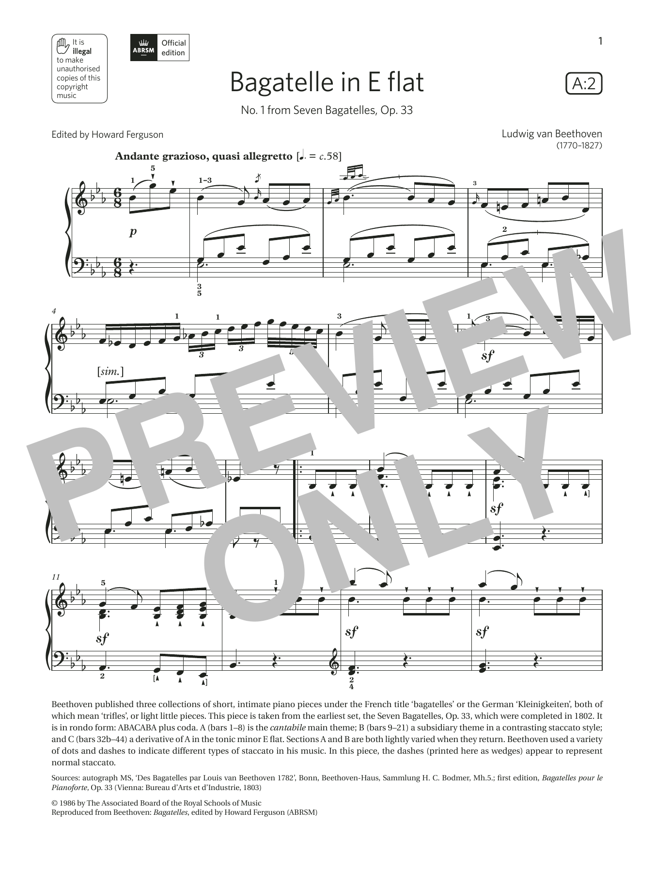 Download Ludwig van Beethoven Bagatelle in E flat (Grade 7, list A2, from the ABRSM Piano Syllabus 2021 & 2022 Sheet Music and learn how to play Piano Solo PDF digital score in minutes