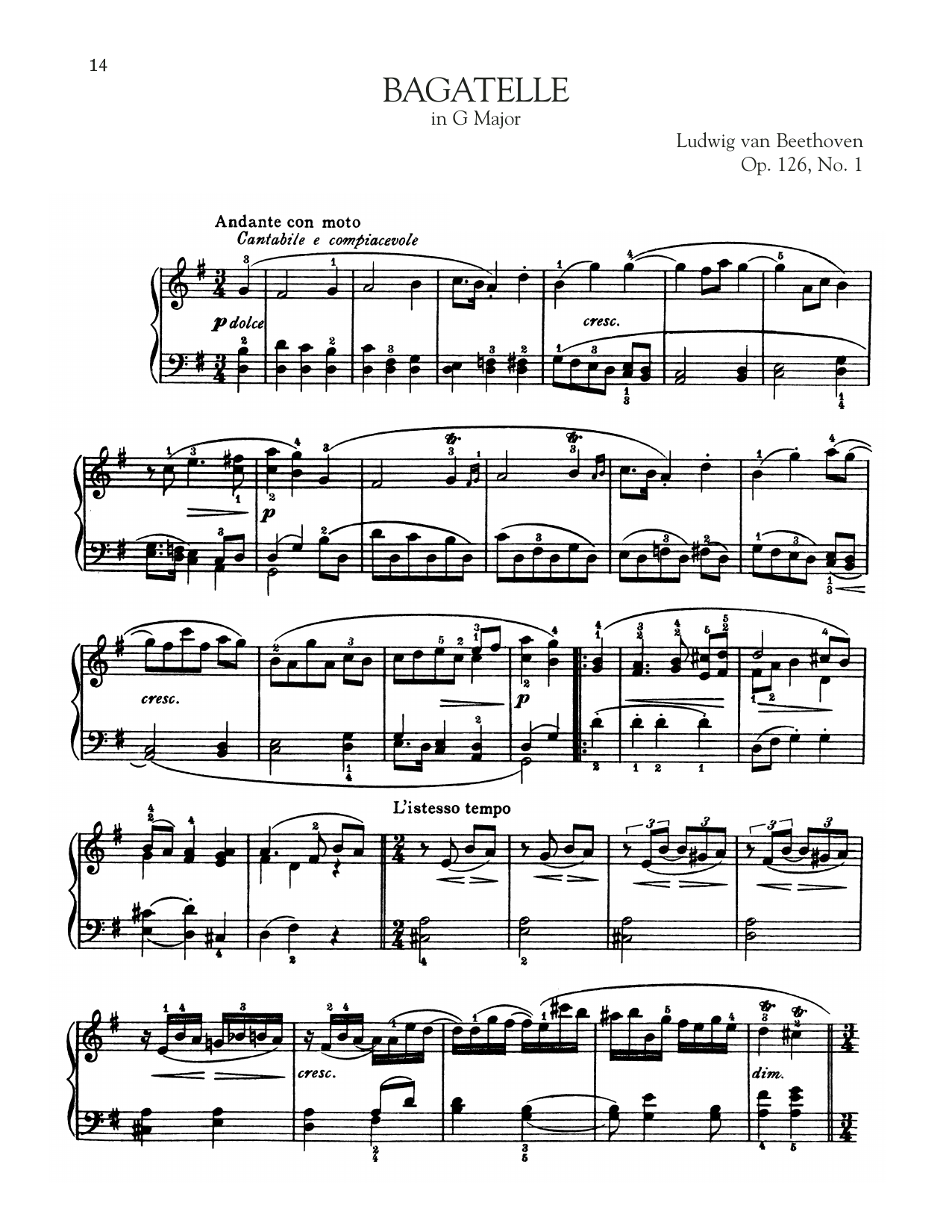 Download Ludwig van Beethoven Bagatelle In G Major, Op. 126, No. 1 Sheet Music and learn how to play Piano Solo PDF digital score in minutes