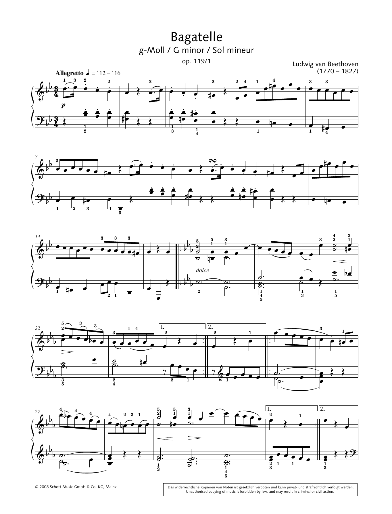 Download Ludwig van Beethoven Bagatelle in G minor Sheet Music and learn how to play Piano Solo PDF digital score in minutes