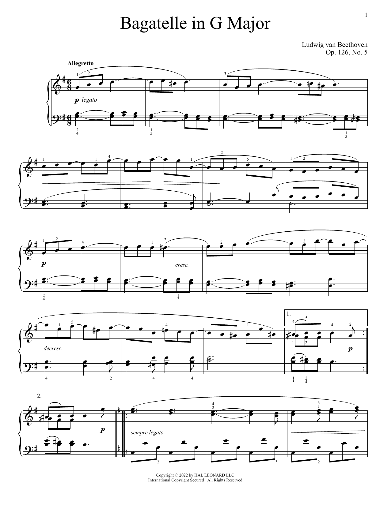 Download Ludwig van Beethoven Bagatelle in G, Op. 126, No. 5 Sheet Music and learn how to play Piano PDF digital score in minutes