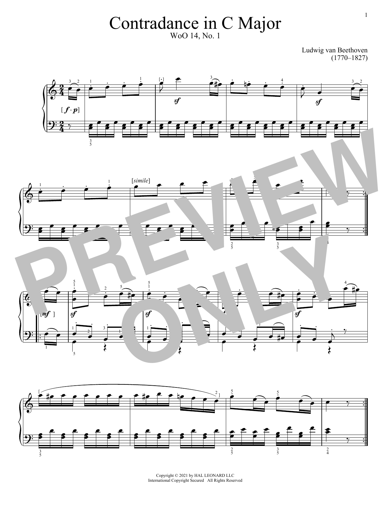 Download Ludwig van Beethoven Contredance In C Major, WoO 14, No. 1 Sheet Music and learn how to play Piano Solo PDF digital score in minutes