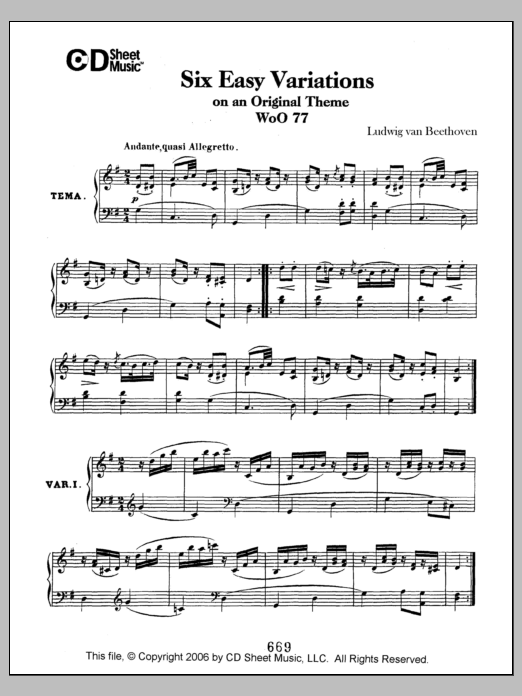 Download Ludwig van Beethoven Easy (6) Variations On An Original Theme, Woo 77 Sheet Music and learn how to play Piano Solo PDF digital score in minutes