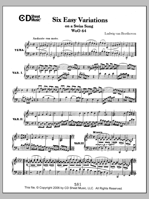 Download Ludwig van Beethoven Easy Variations (6) On A Swiss Song, Woo 64 Sheet Music and learn how to play Piano Solo PDF digital score in minutes