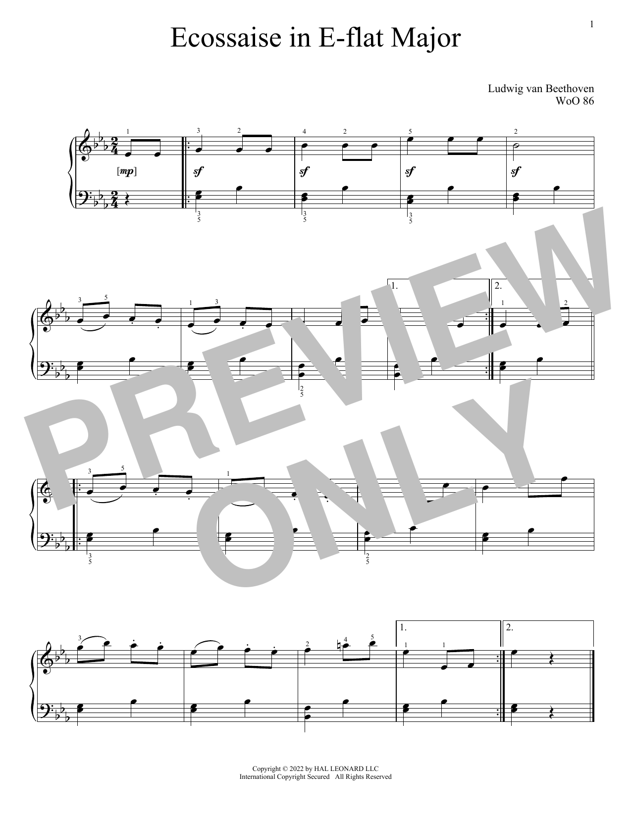 Download Ludwig van Beethoven Eccossaise In E-Flat Major, WoO 86 Sheet Music and learn how to play Piano Solo PDF digital score in minutes