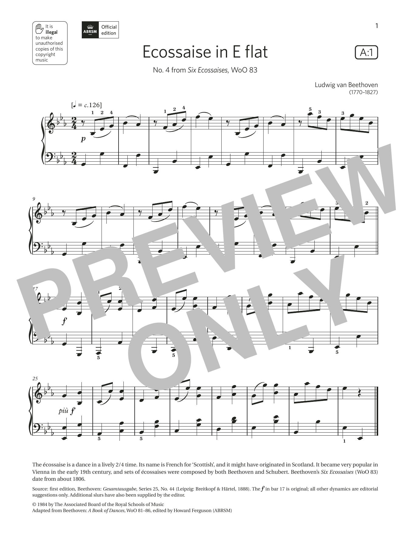 Download Ludwig van Beethoven Ecossaise in E flat (Grade 3, list A1, from the ABRSM Piano Syllabus 2021 & 2022 Sheet Music and learn how to play Piano Solo PDF digital score in minutes