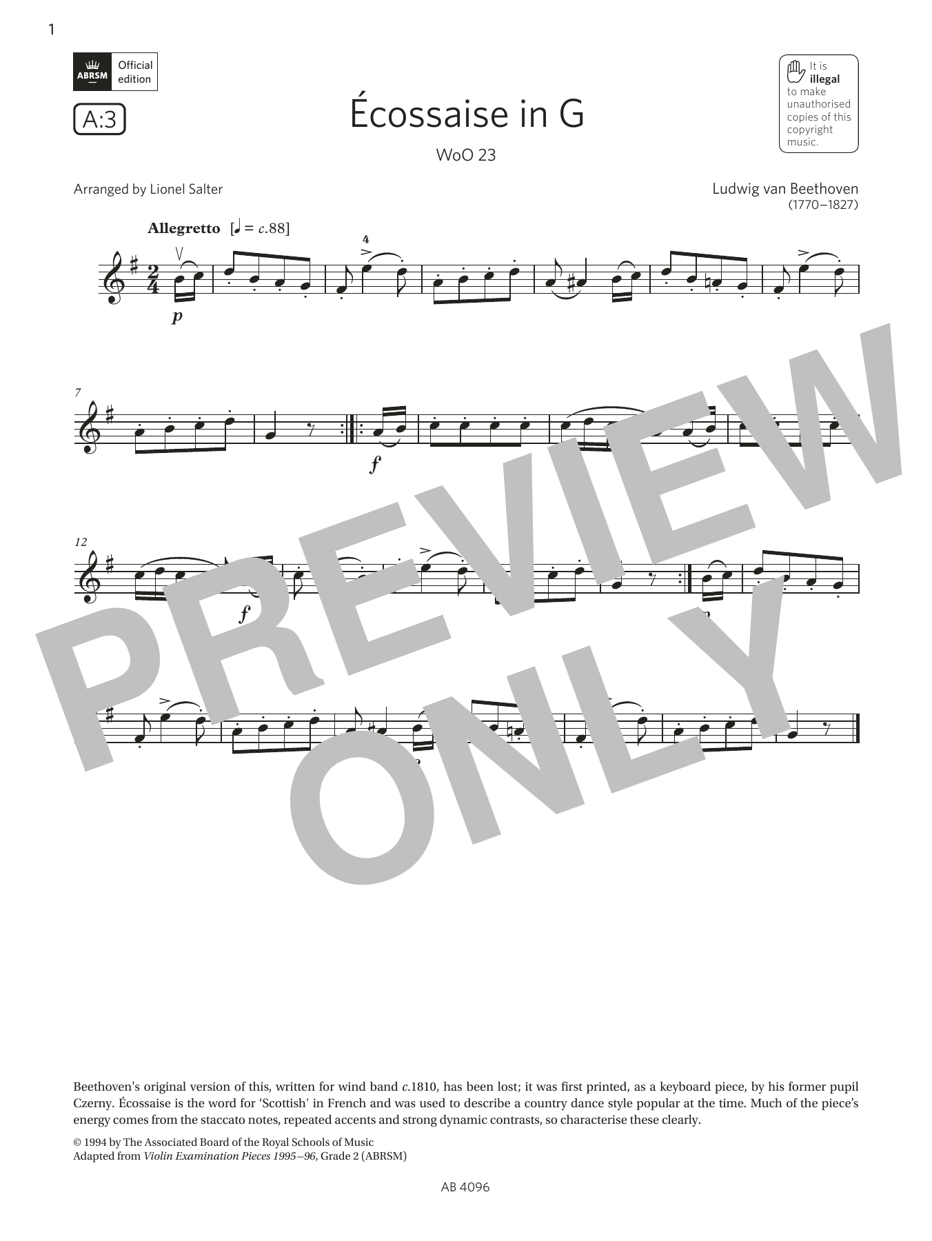 Download Ludwig van Beethoven Écossaise in G, WoO 23 (Grade 2, A3, from the ABRSM Violin Syllabus from 2024) Sheet Music and learn how to play Violin Solo PDF digital score in minutes