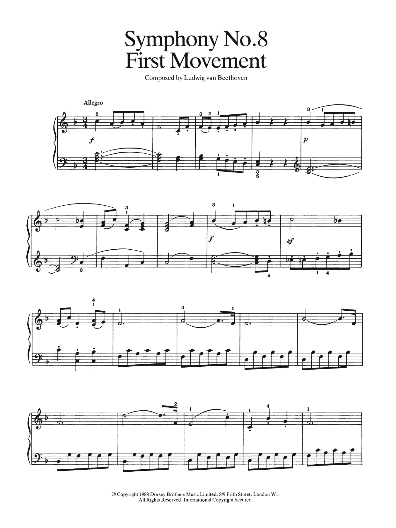 Download Ludwig van Beethoven First Movement (from Symphony No. 8 In F Major, Op. 93) Sheet Music and learn how to play Easy Piano PDF digital score in minutes