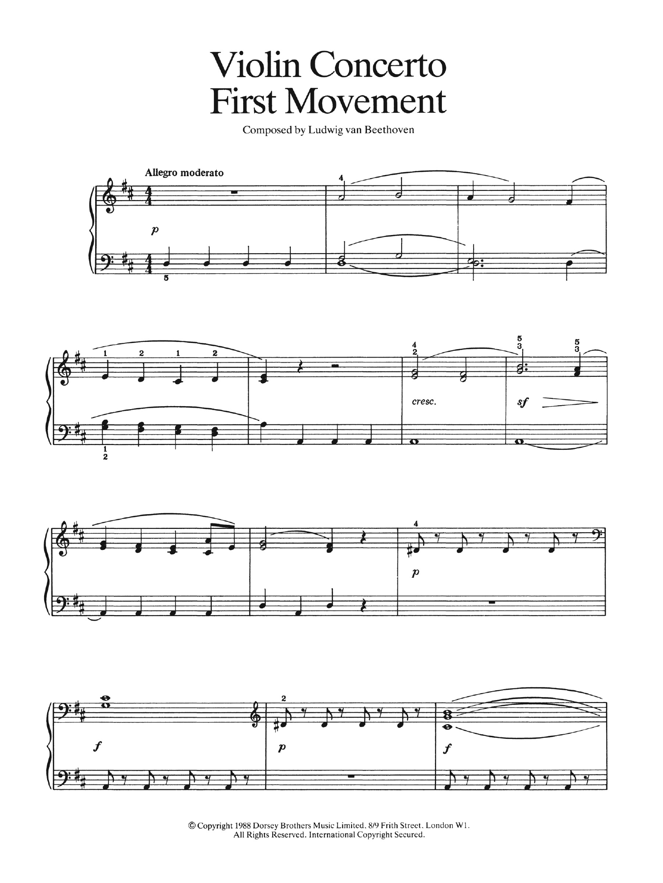 Download Ludwig van Beethoven First Movement (from Violin Concerto In D Major, Op. 61) Sheet Music and learn how to play Easy Piano PDF digital score in minutes