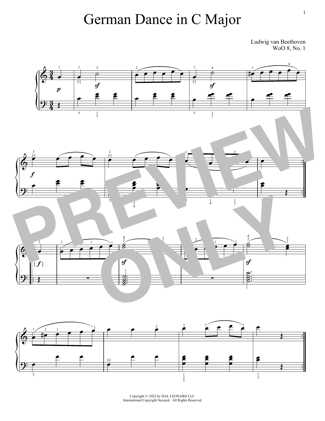 Download Ludwig van Beethoven German Dance In C Major, WoO 8, No. 1 Sheet Music and learn how to play Piano Solo PDF digital score in minutes