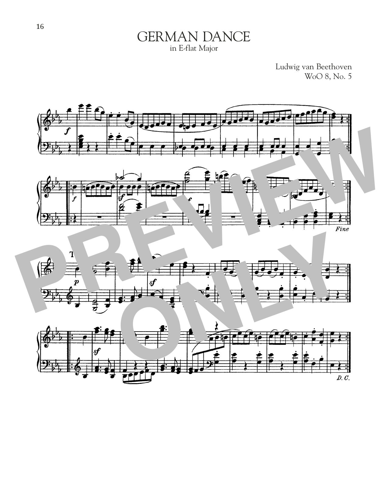 Download Ludwig van Beethoven German Dance In E-Flat Major, WoO 8, No. 5 Sheet Music and learn how to play Piano Solo PDF digital score in minutes