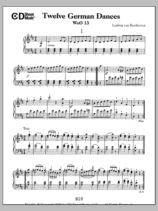 Download Ludwig van Beethoven German Dances (12), Woo 13 Sheet Music and learn how to play Piano Solo PDF digital score in minutes