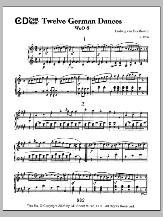 Download Ludwig van Beethoven German Dances (12), Woo 8 Sheet Music and learn how to play Piano Solo PDF digital score in minutes