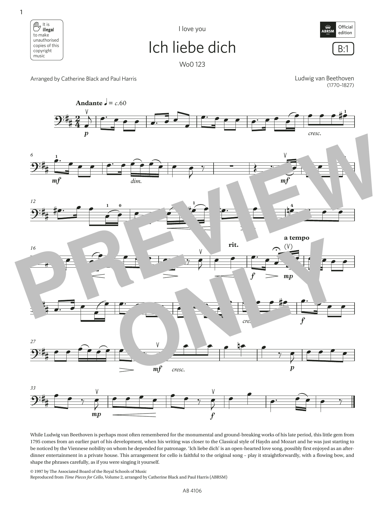 Download Ludwig van Beethoven Ich liebe dich (Grade 3, B1, from the ABRSM Cello Syllabus from 2024) Sheet Music and learn how to play Cello Solo PDF digital score in minutes