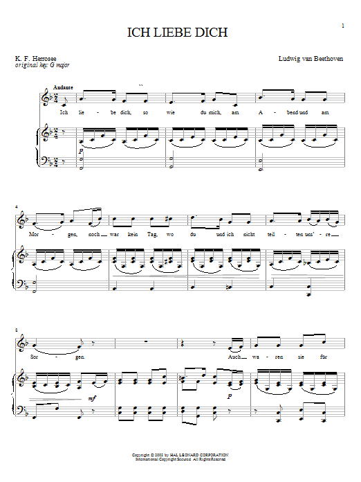Download Ludwig van Beethoven Ich Liebe Dich (I Love You) Sheet Music and learn how to play Piano, Vocal & Guitar (Right-Hand Melody) PDF digital score in minutes