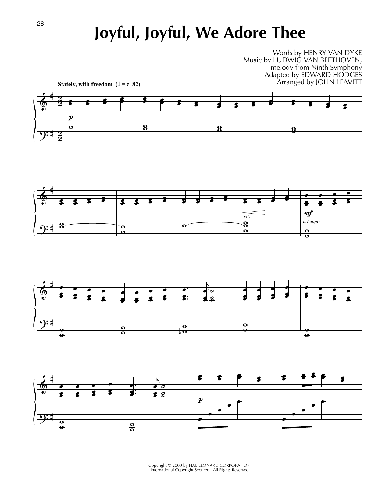 Download Ludwig van Beethoven Joyful, Joyful, We Adore Thee (arr. John Leavitt) Sheet Music and learn how to play Piano Solo PDF digital score in minutes