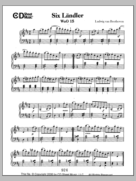 Download Ludwig van Beethoven Landler (6), Woo 15 Sheet Music and learn how to play Piano Solo PDF digital score in minutes