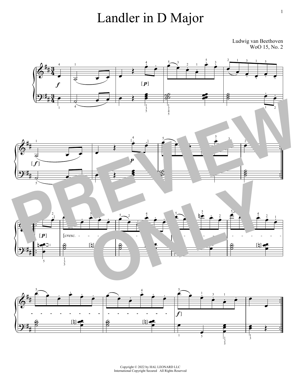 Download Ludwig van Beethoven Landler In D Major, WoO 15, No. 2 Sheet Music and learn how to play Piano Solo PDF digital score in minutes