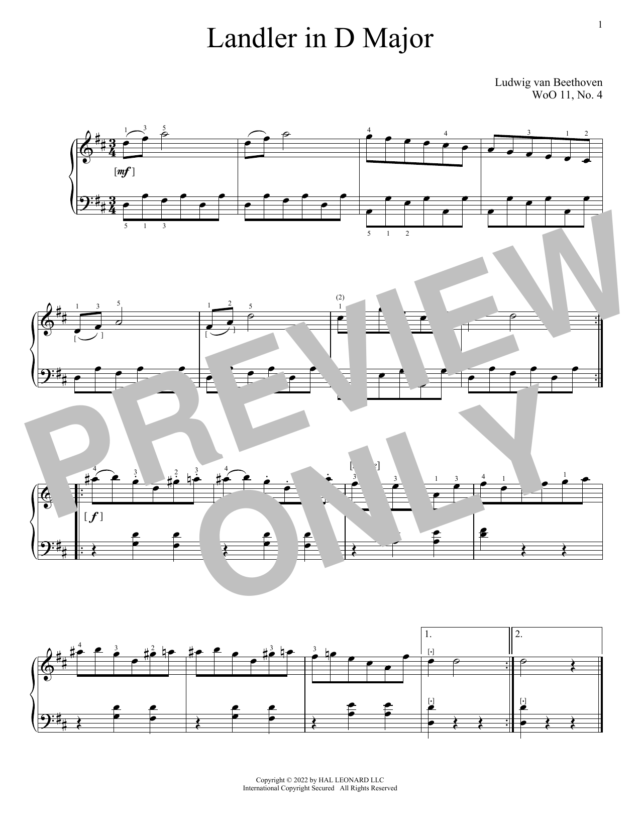 Download Ludwig van Beethoven Landler In D Minor, WoO 11, No. 4 Sheet Music and learn how to play Piano Solo PDF digital score in minutes