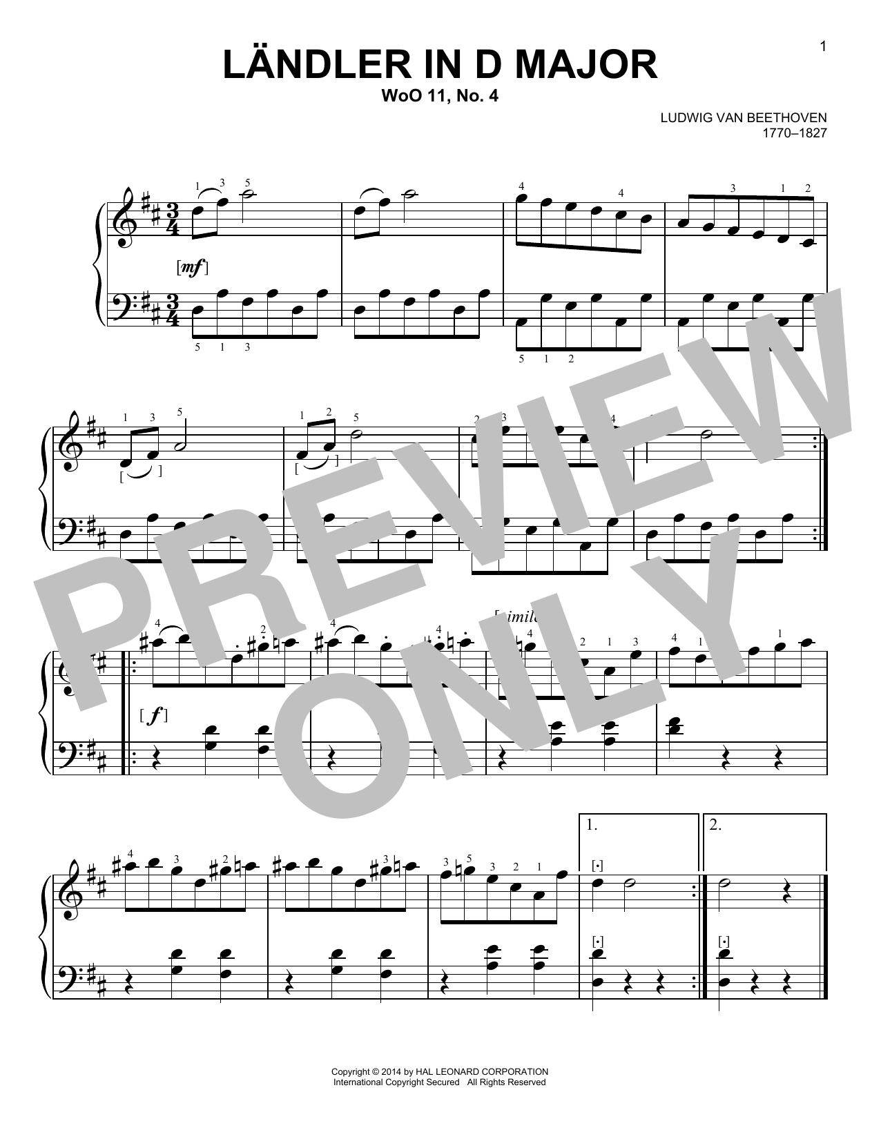 Download Ludwig van Beethoven Landler Sheet Music and learn how to play Easy Piano PDF digital score in minutes
