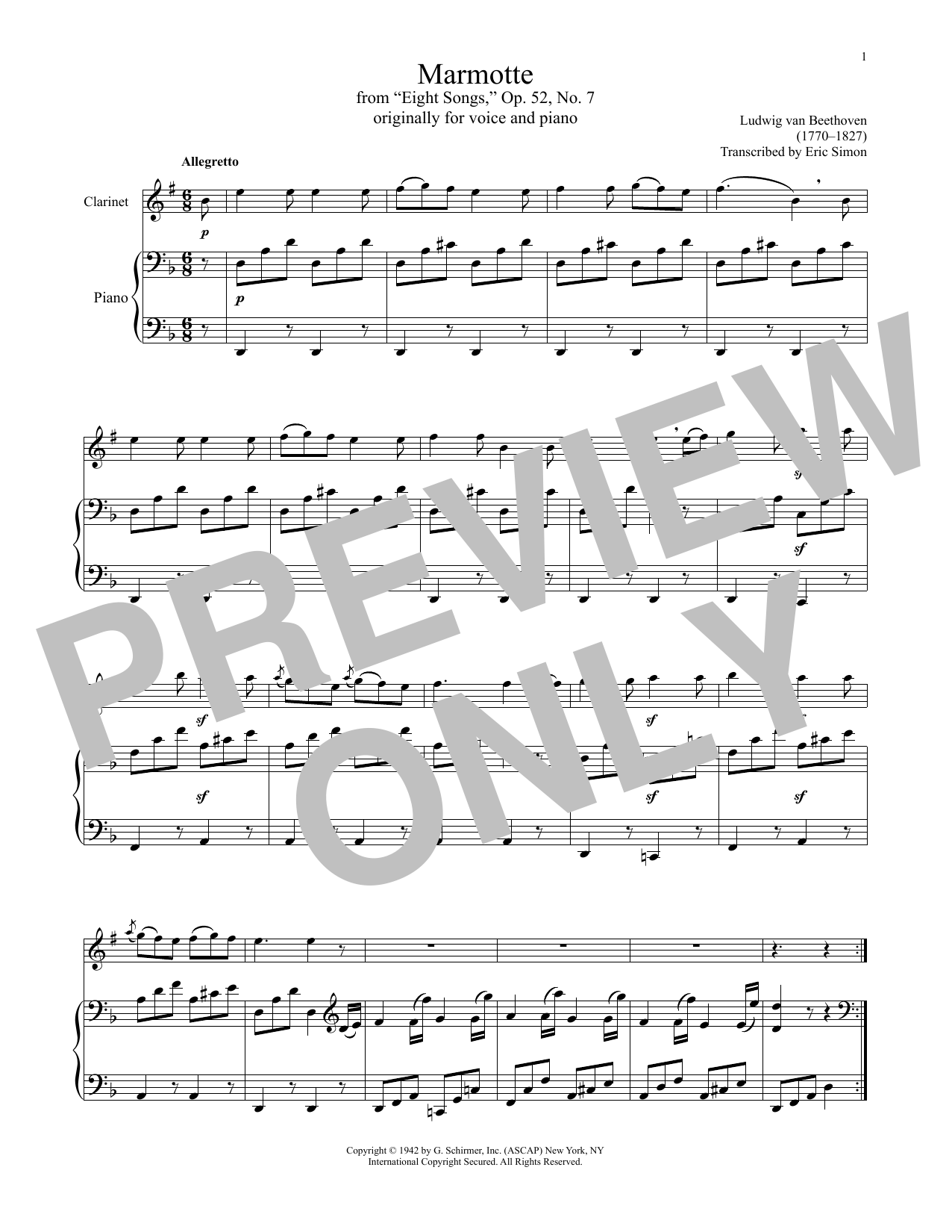 Download Ludwig van Beethoven Marmotte, Op. 52, No. 7 Sheet Music and learn how to play Clarinet and Piano PDF digital score in minutes