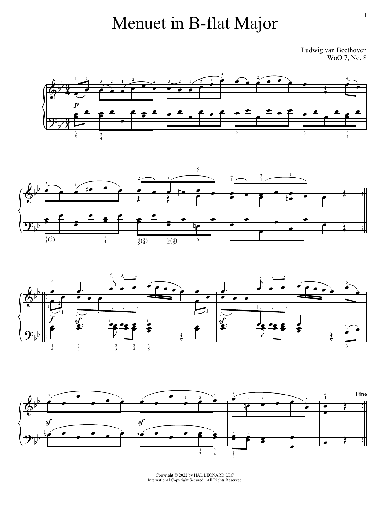 Download Ludwig van Beethoven Minuet In B-Flat, WoO 7, No. 8 Sheet Music and learn how to play Piano Solo PDF digital score in minutes