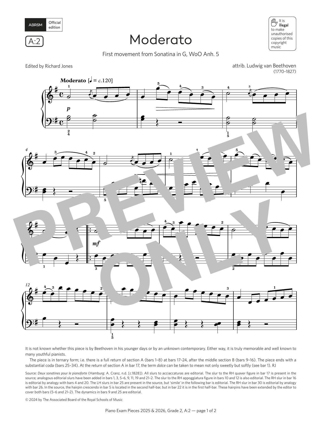 Download Ludwig van Beethoven Moderato (Grade 2, list A2, from the ABRSM Piano Syllabus 2025 & 2026) Sheet Music and learn how to play Piano Solo PDF digital score in minutes